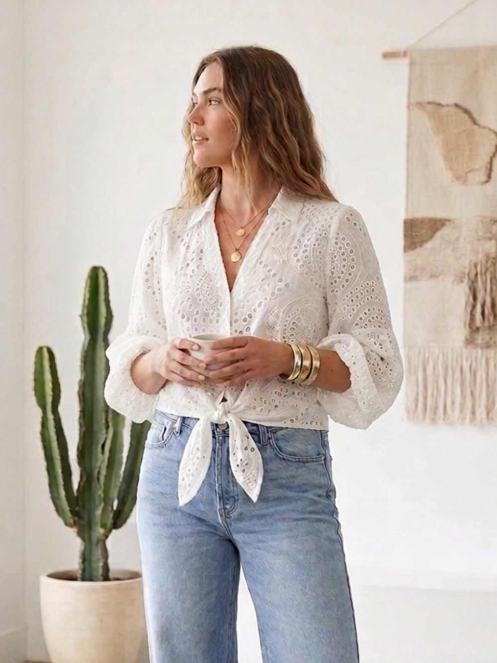 Reitmans White Eyelet Button-Down Tie-Front Blouse, 100% cotton
